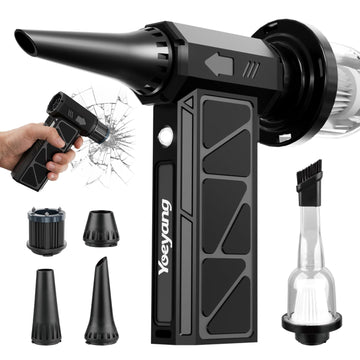 Compressed Air Duster, Industry-First O-Shaped Air Duct with 13-Blade Dual-Layer Turbo, 4-Gear 6-in-1 Cordless Electric Mini Blower, Vacuum & Inflator, LED Light & Window Breaker for PC, Car, Home