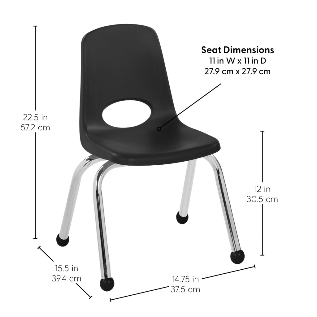 Fdp 12" School Stack Chair,stacking Student Seat with Chromed Steel Legs and Ball Glides for In-home Learning or Classroom - Black (4-pack),