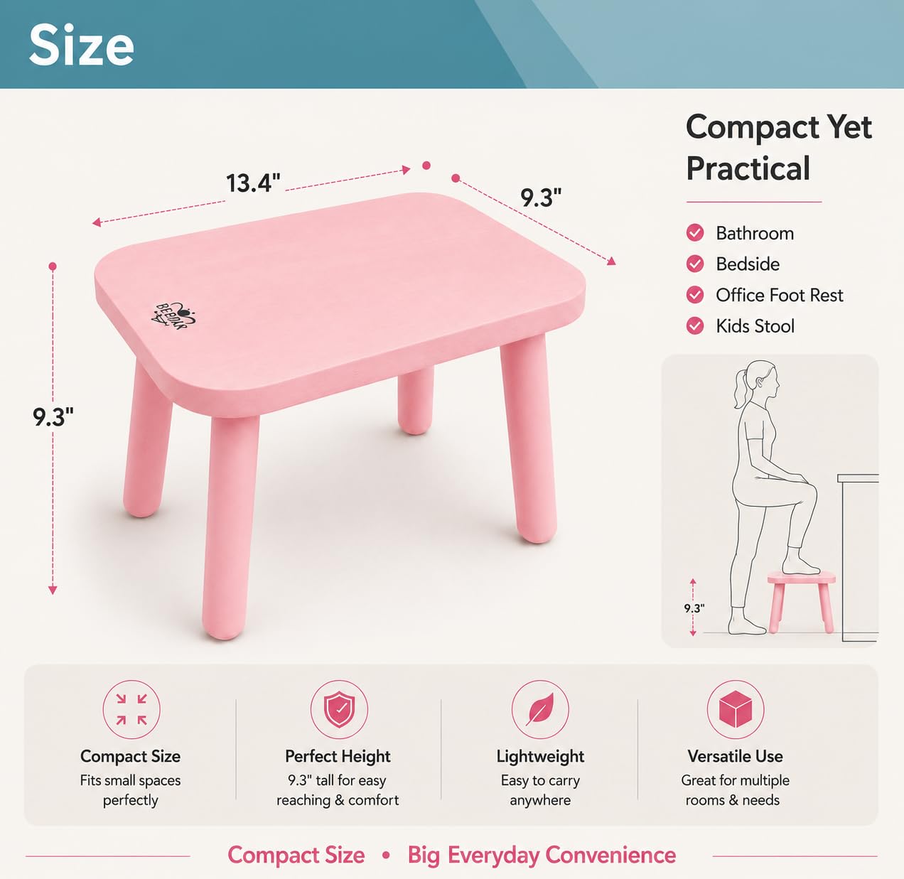 Bee&oak 13.4 Inch Heavy Duty Wooden Step Stools for Adults - Non Slip, 300 Lbs Capacity, Easy Assembly - Ideal Step Stool for High Beds,