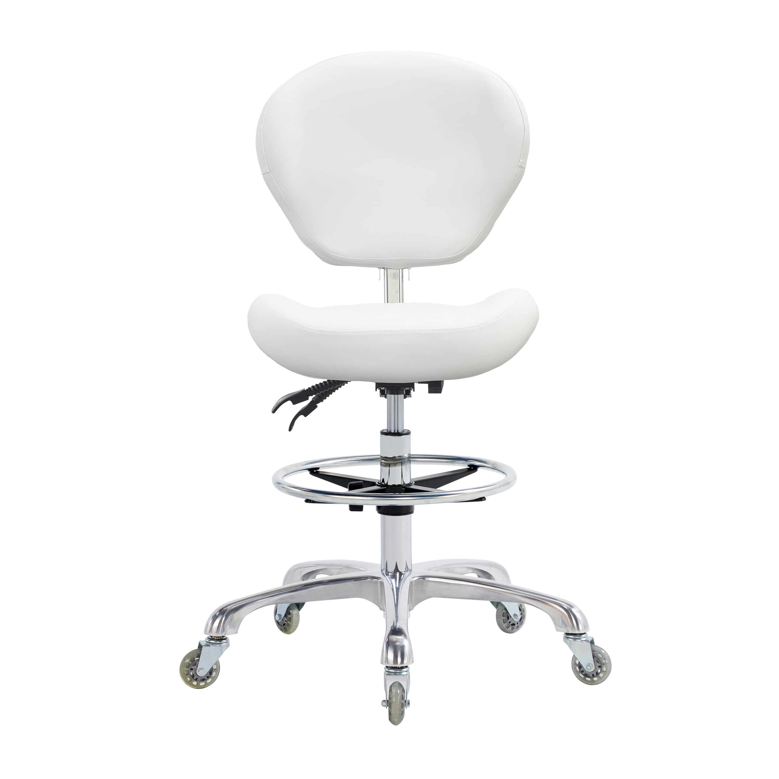 Grace&grace Drafting Chair Adjustable Tall Shop Stool, Rolling Stool with Back Support for Studio, Classroom, Lab, Counter, Medical (white)