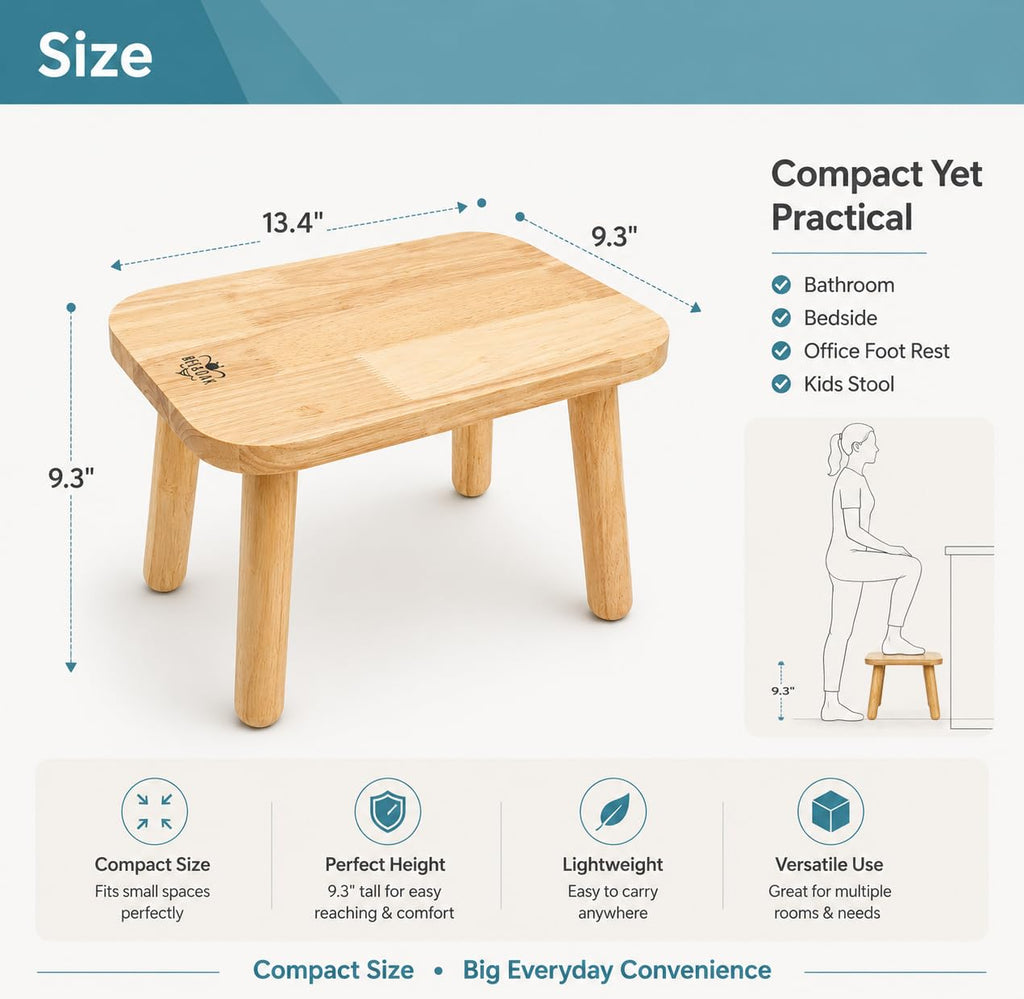 Bee&oak 13.4 Inch Heavy Duty Wooden Step Stools for Adults - Non Slip, 300 Lbs Capacity, Easy Assembly - Ideal Step Stool for High Beds,