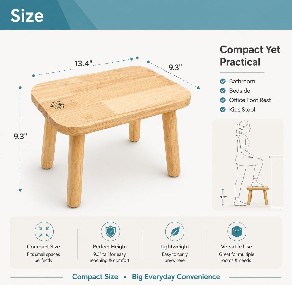 Bee&oak 13.4 Inch Heavy Duty Wooden Step Stools for Adults - Non Slip, 300 Lbs Capacity, Easy Assembly - Ideal Step Stool for High Beds,