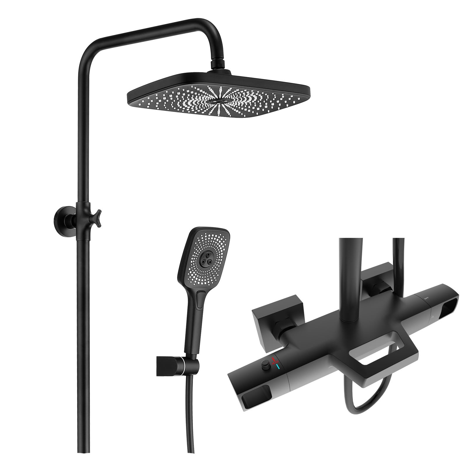 Thermostatic Shower System, Black Shower Faucet Set Wall Mount Shower Fixtures 3 Functions Bathroom Shower Faucet Set with Handheld Sprayer, Rain Shower Head, Waterfall Bathtub SPO