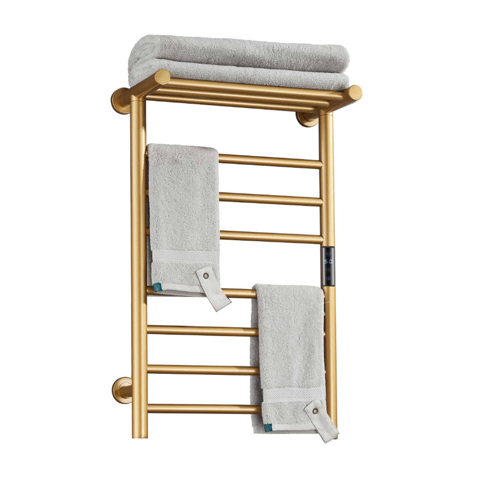Electric Towel Warmer Gold with Timer, 7 Bar Wall Mounted Heated Towel Rack for Bathroom, 304 Stainless Steel Heater Towel Rail with Top Shelf, Energy Efficient 70 W, 720*450*250Mm, Hardwiring