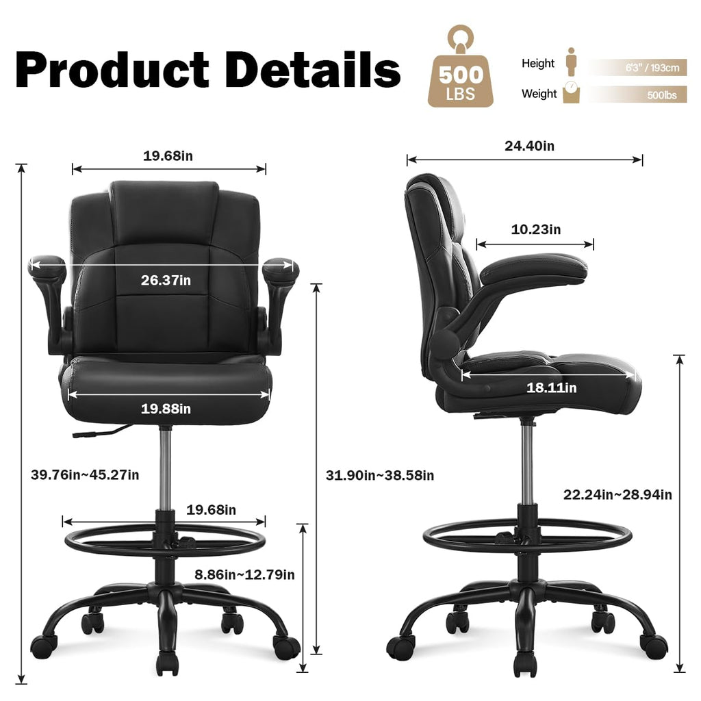 500lbs Drafting Chair,big and Tall Office Chair for Standing Desk with Wide Seat,2d Adjustable Lumbar Support,ergonomic Office Chair with
