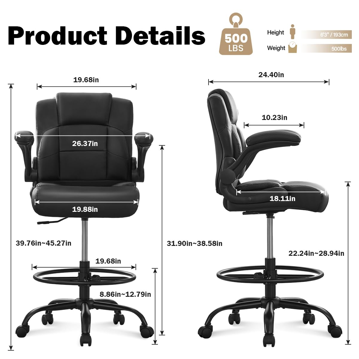 500lbs Drafting Chair,big and Tall Office Chair for Standing Desk with Wide Seat,2d Adjustable Lumbar Support,ergonomic Office Chair with