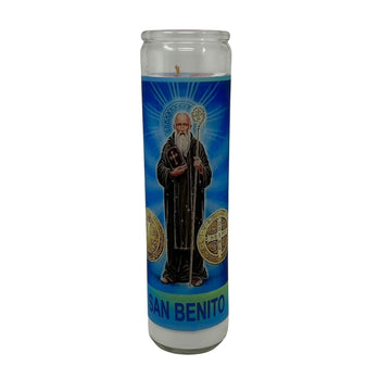 Veladora de rezo San Benito oración de protección contra el mal al reverso en español, sin essencia