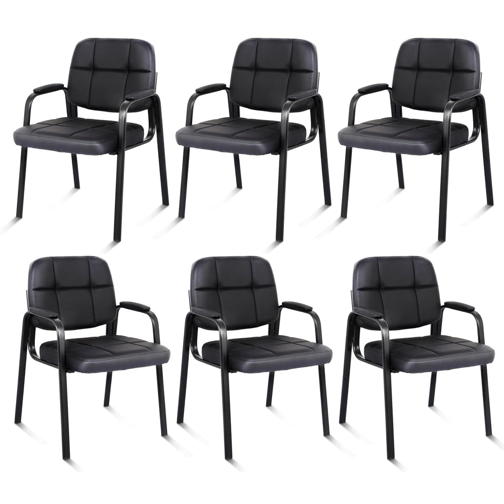 Clatina Leather Guest Chairs Set of 6, Desk Chair No Wheels, Office Reception with Padded Arms for Office Conference Waiting Room, Black