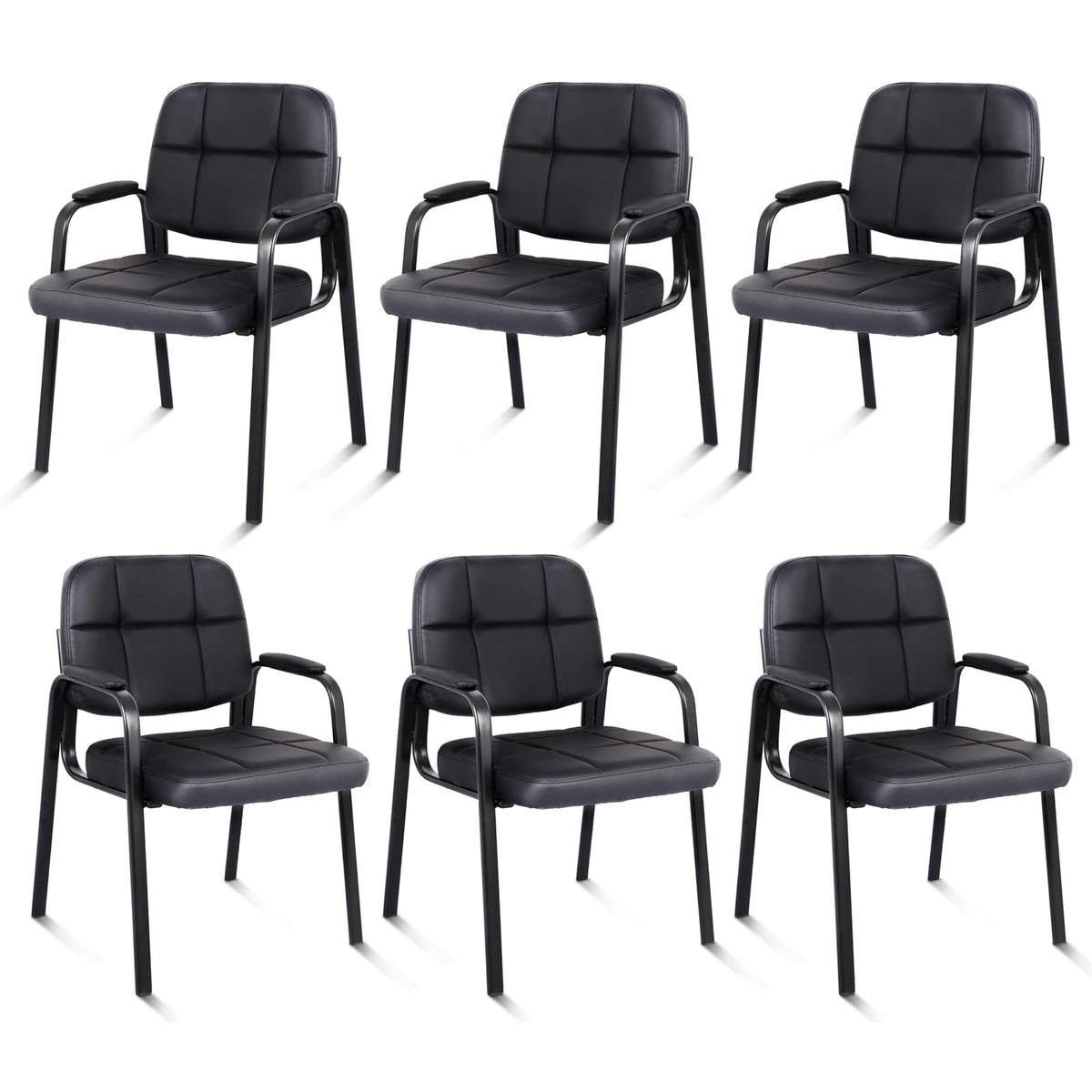 Clatina Leather Guest Chairs Set of 6, Desk Chair No Wheels, Office Reception with Padded Arms for Office Conference Waiting Room, Black