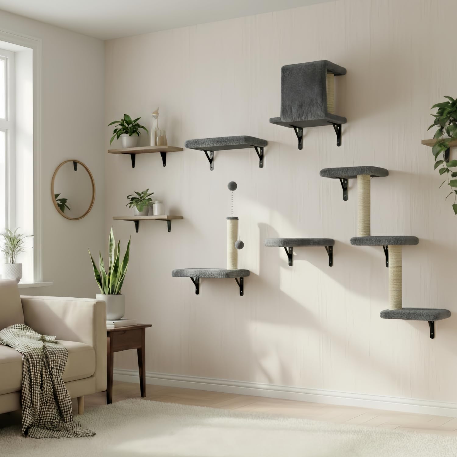 Cat Wall Shelves for Large Cats, Stable & Safe Kitty Walls Furniture Set for 40LBS Cats with Wooden Cat Climber,House, Bridge, Tree, Steps, and Scratcher for 16 Inch Drywall (Black, 6-in-1)