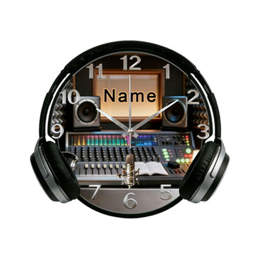HSAEANZL Personalization 2D Music Studio Wall Clock with Headphones Design Customizable Recording Studio Theme Decorative Clocks Gift's with Name for Music Enthusiasts Musicians
