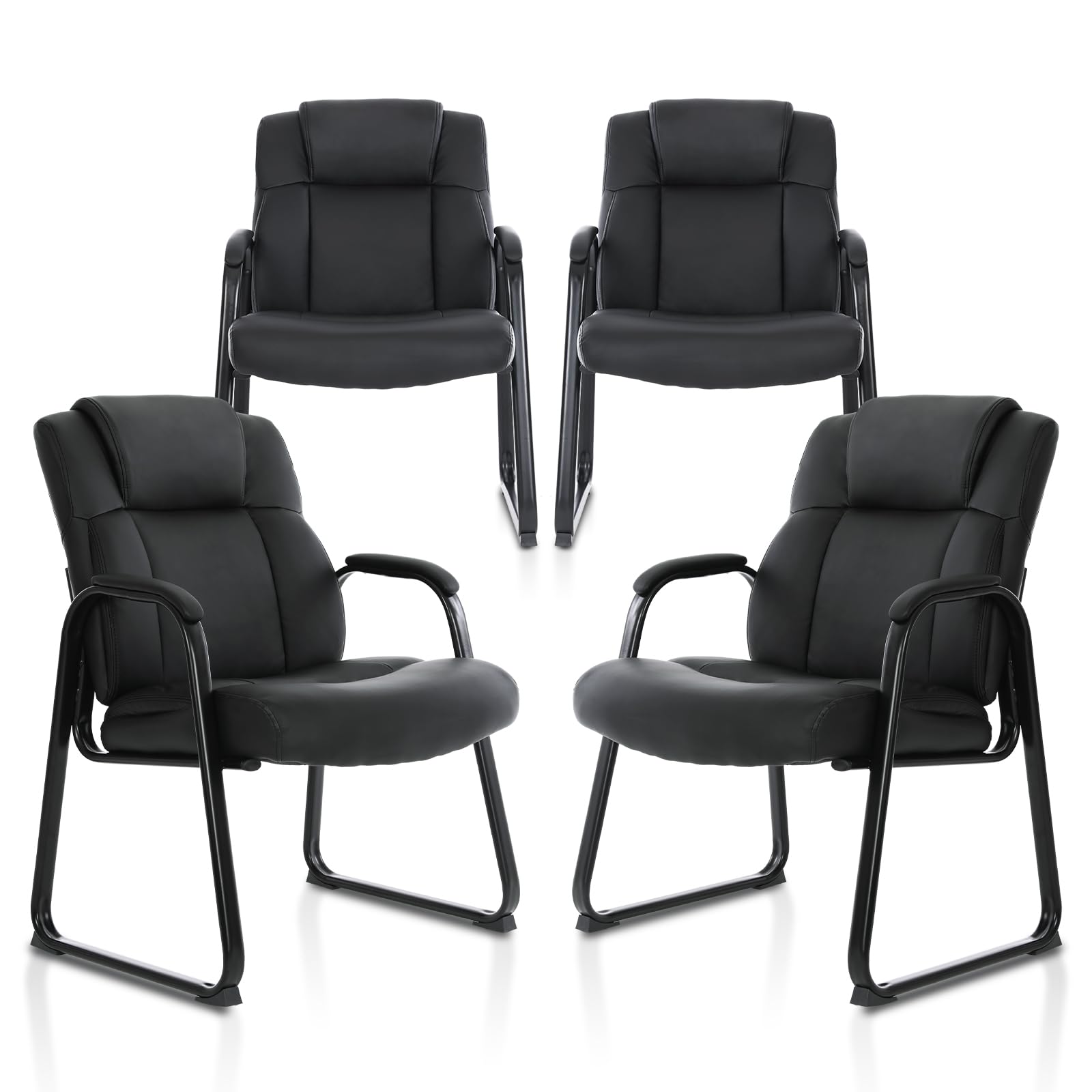 Clatina Big and Tall Office Chair Set of 4 500lbs Leather Reception Chair with Bonded Padded Armrest Wide Seat Sled Base Desk Chair No Wheels