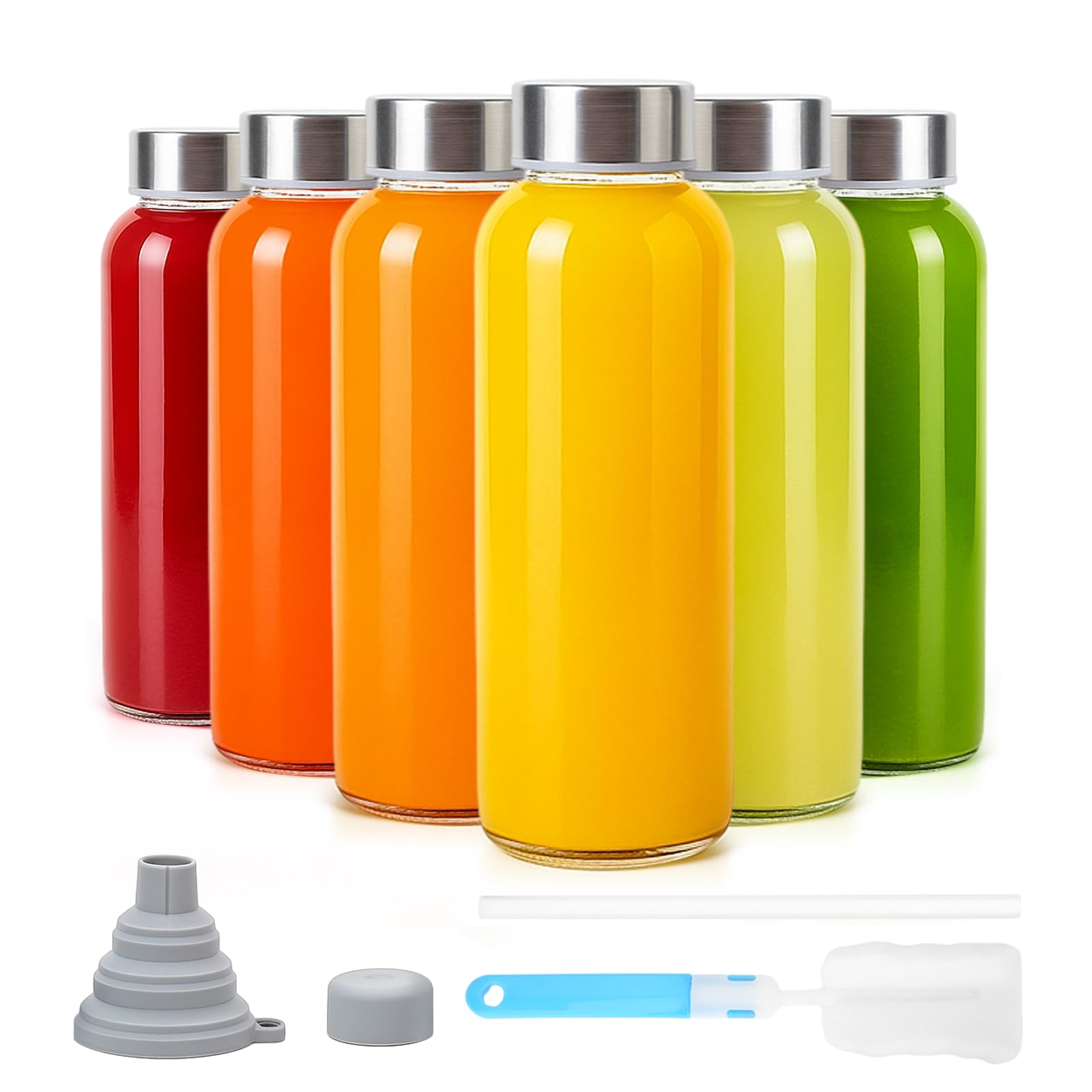 Sursip 10 oz Glass Juice Bottles, 6 Pack with Stainless Steel Lids – Reusable Small Glass Bottles for Smoothies, Iced Tea & Milk – Leak-Proof, BPA-Free, Dishwasher Safe