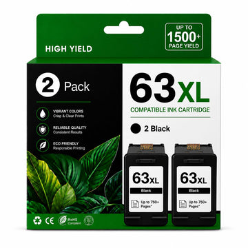 63XL Black Ink Cartridge Replacement for HP 63 Black Ink Cartridge HP Ink 63 63XL Compatible with HP OfficeJet 3830 4650 5255 5258 5200 Envy 4520 4512 4510 DeskJet 1112 2130 3630 Printers(2 Black)