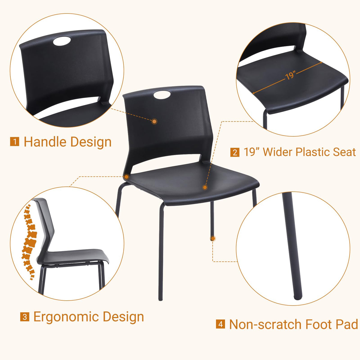 Sidanli Black Stacking Chairs Set of 4, Plastic Stackable Chair for Office Conference Waiting Break Room