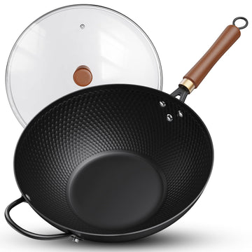 Todlabe Wok with Lid, 13 Inch Carbon Steel Woks & Stir-fry Pans Nonstick
