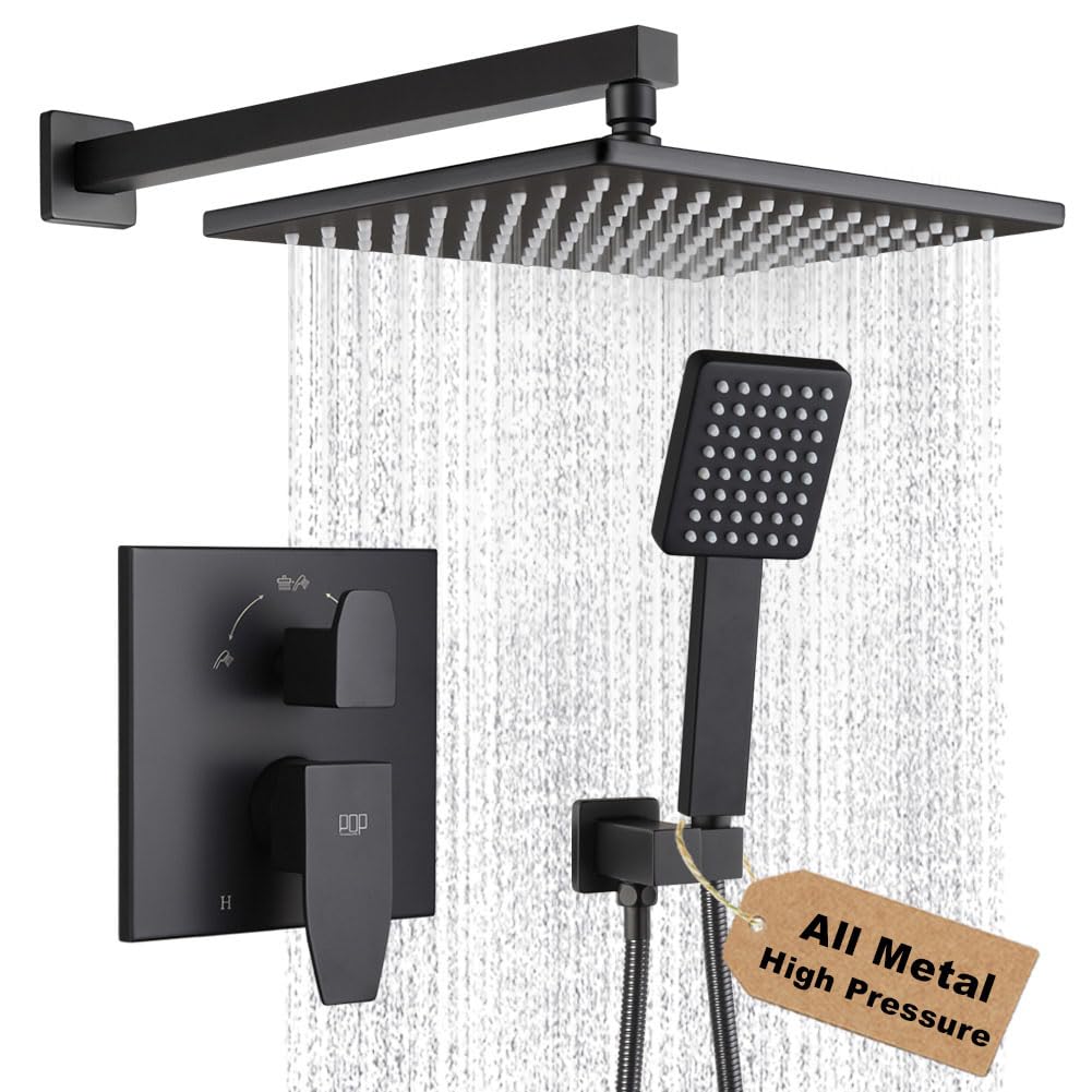 Matte Black Shower Faucet Set Rainfall 10 Inch Shower Head and Handle Set Bathroom Rain Shower System Wall Mounted Shower Fixture Include Shower Valve and Trim Kit