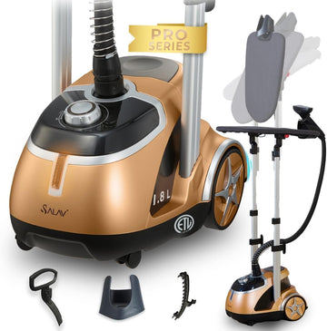 SALAV® Professional Garment Steamer with Built-in Ironing Board, 4 Steam Settings, Chrome Finish & Stainless Steel Steam Plate with Wheels for Easier Movement, 1500-watts (Renewed)
