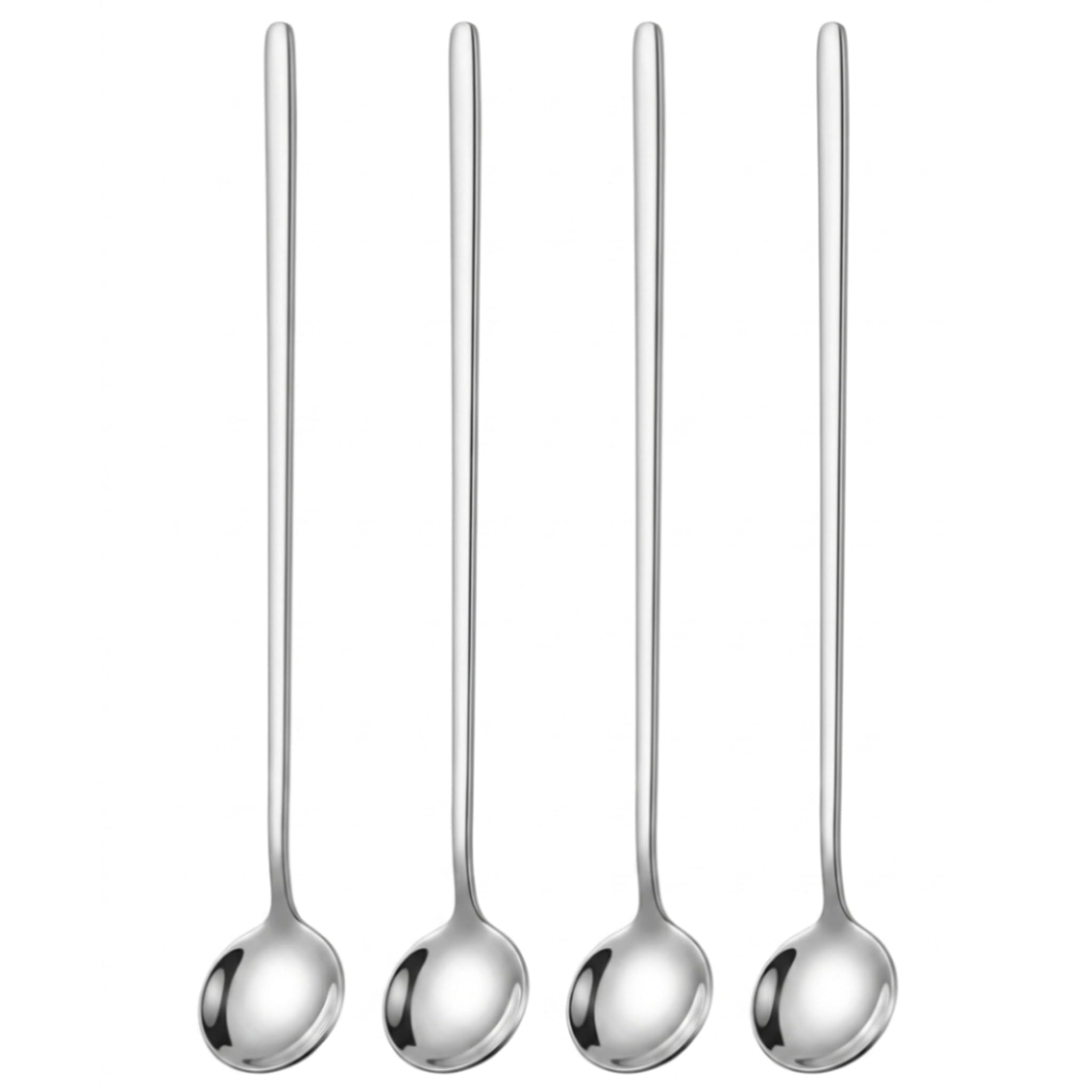 Long Handle Coffee Spoons Set of 4, 9.5 Inch Stainless Steel Latte Spoons for Tall Glasses, Macchiato, Milkshake & Dessert | Round Bowl, Silver