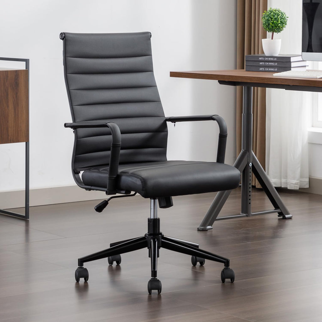 Office Desk Chair Leather, Conference Room Chairs with Wheels, Executive Modern Ergonomic Ribbed Computer Chair, 14.7-19.7"H X 20"W X 18"D