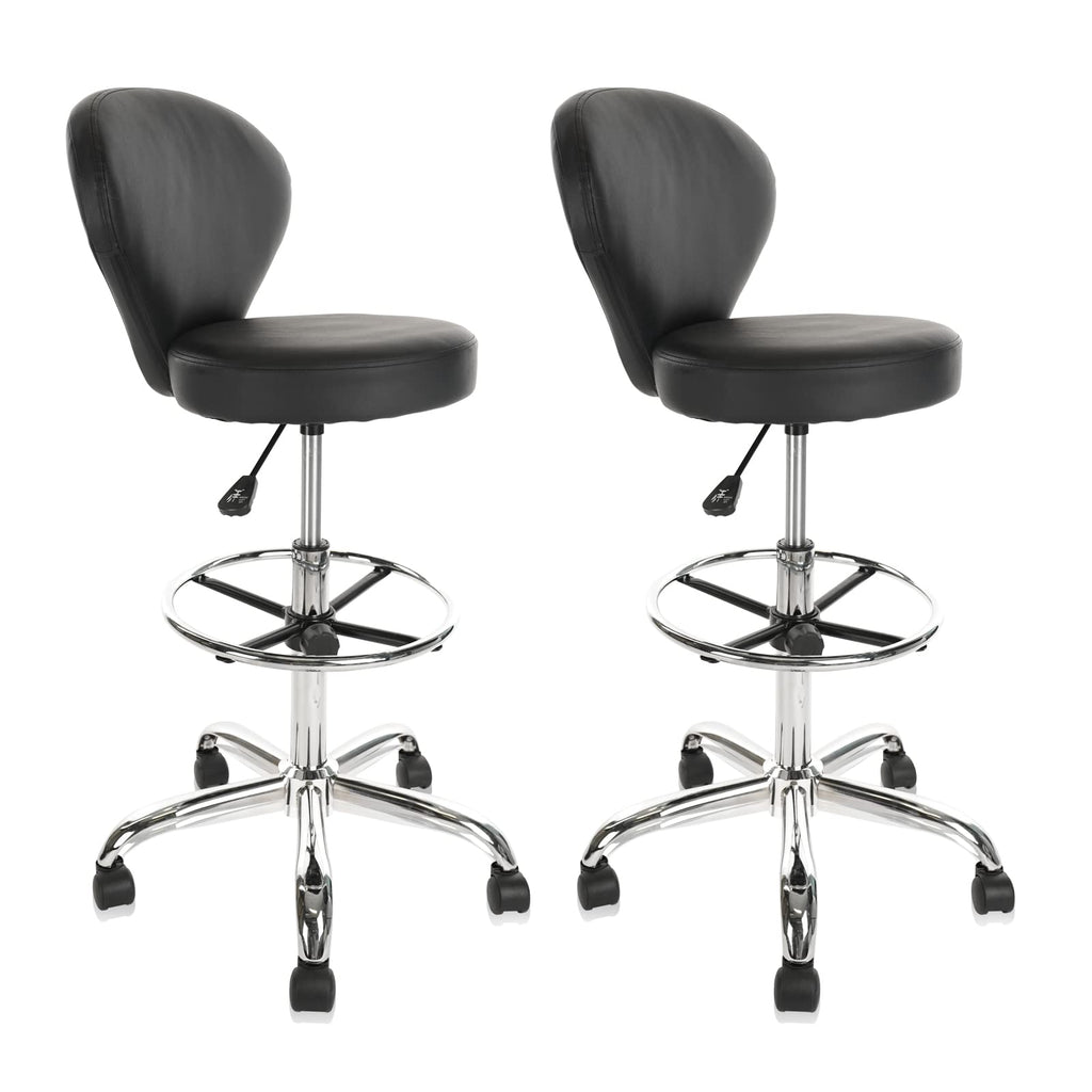 Klasika Black Pvc Faux Leather Drafting Chair Set of 2 Rolling Swivel Salon Stool with Back Support Foot Rest Adjustable Hydraulic Seat Height