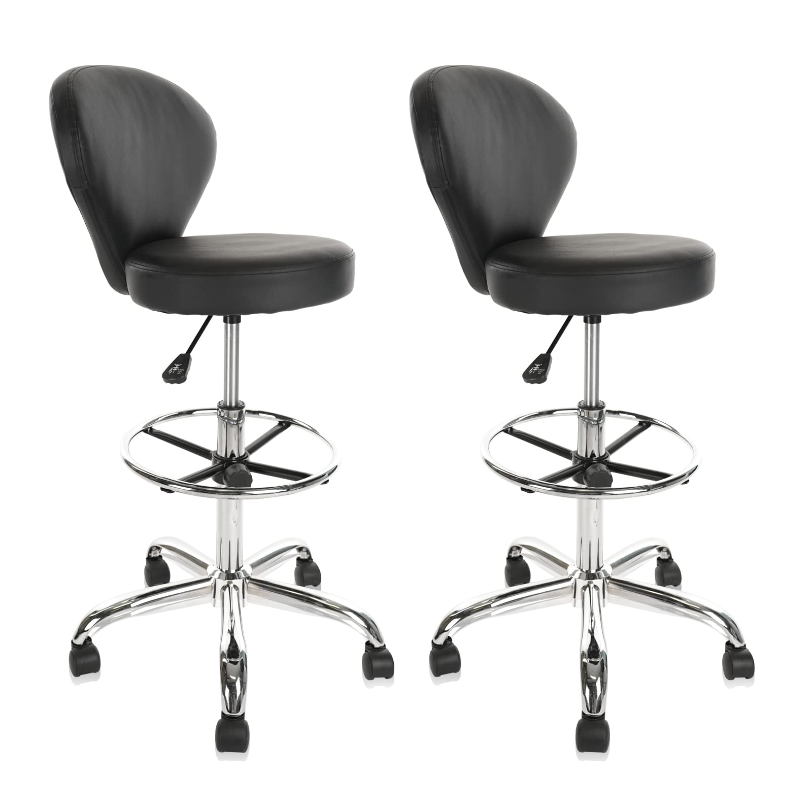 Klasika Black Pvc Faux Leather Drafting Chair Set of 2 Rolling Swivel Salon Stool with Back Support Foot Rest Adjustable Hydraulic Seat Height