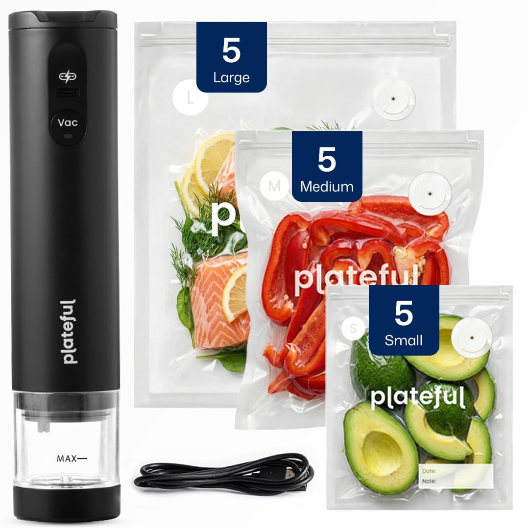 VacuSeal Handheld Vacuum Sealer for Food (15 Bags Included) - Rechargeable, Portable Cordless Food Vacuum Bag Sealer Machine, One-Touch, Compact Mini Seal for Storage, Sous Vide & Freezer Preservation