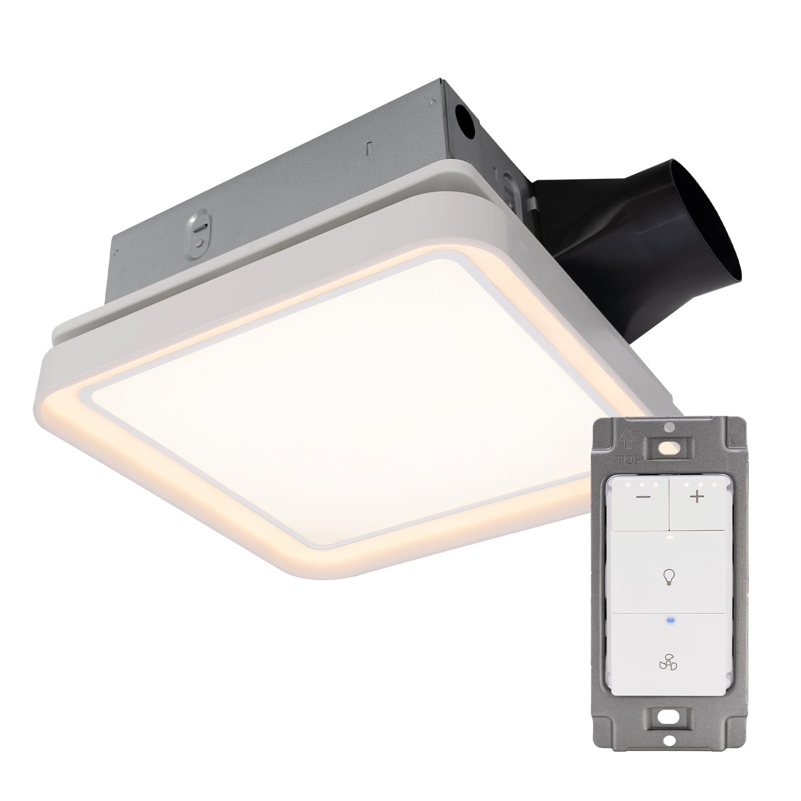 Akicon Bathroom Exhaust Fan with Light, 50-80-100 CFM DC Motor, 1.2 Sones Bathroom Vent Fan with Dimmer Switch, 3CCT LED Light 2700K/4000K/5500K with Nightlight Quiet Energy Saving Bathroom Fan, White