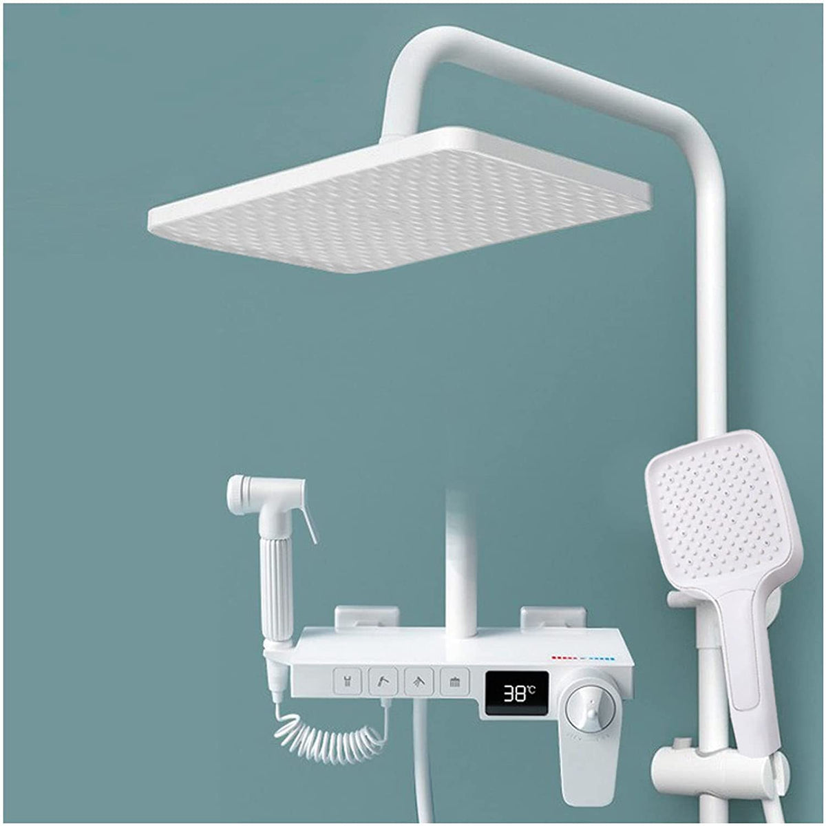White Thermostatic Shower System, Temperature Display,Exposed Shower Faucet Set, With Rain Shower Head,Toilet Sprayer,Hand Sprayer And Tub Spout,Bathroom Shower Fixture,Shower Height Adjustable,T