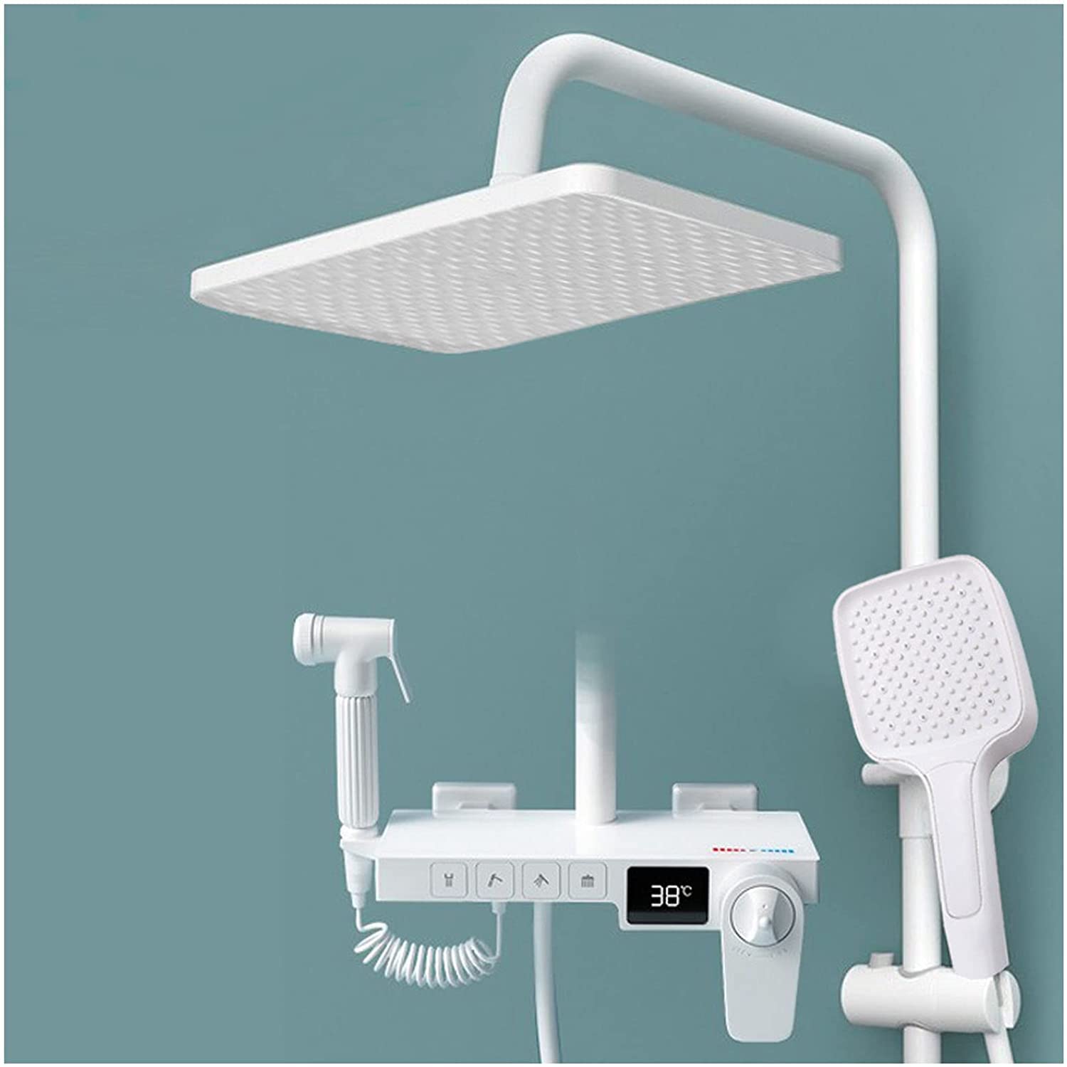 White Thermostatic Shower System, Temperature Display,Exposed Shower Faucet Set, With Rain Shower Head,Toilet Sprayer,Hand Sprayer And Tub Spout,Bathroom Shower Fixture,Shower Height Adjustable,T