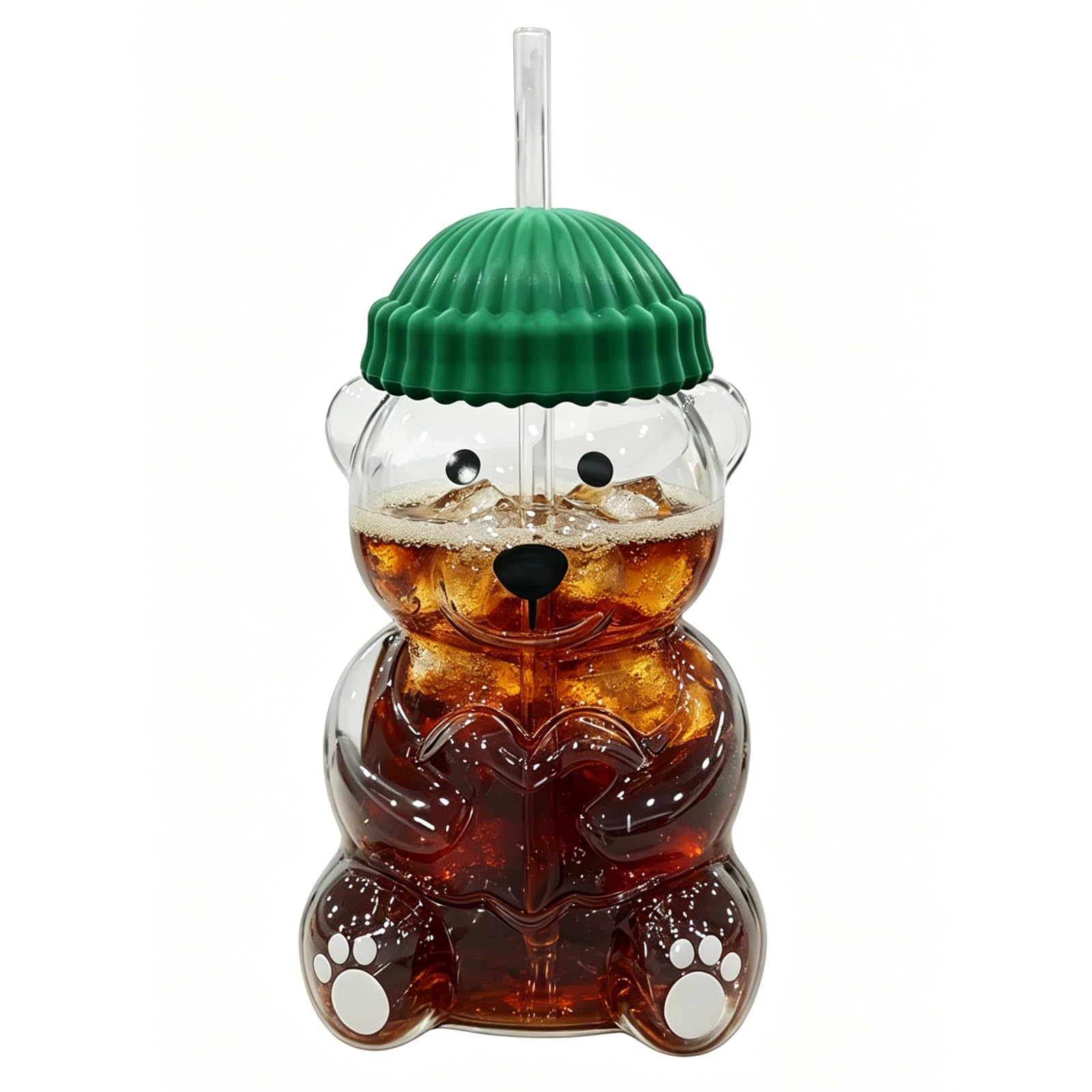 New Cute Bear Glass Cup with Straw & Lid, 20oz High Borosilicate Glass Water Bottle for Cold/Hot Drinks, Cute Bear Pattern Mug for Adults, Home Office Birthday Gift
