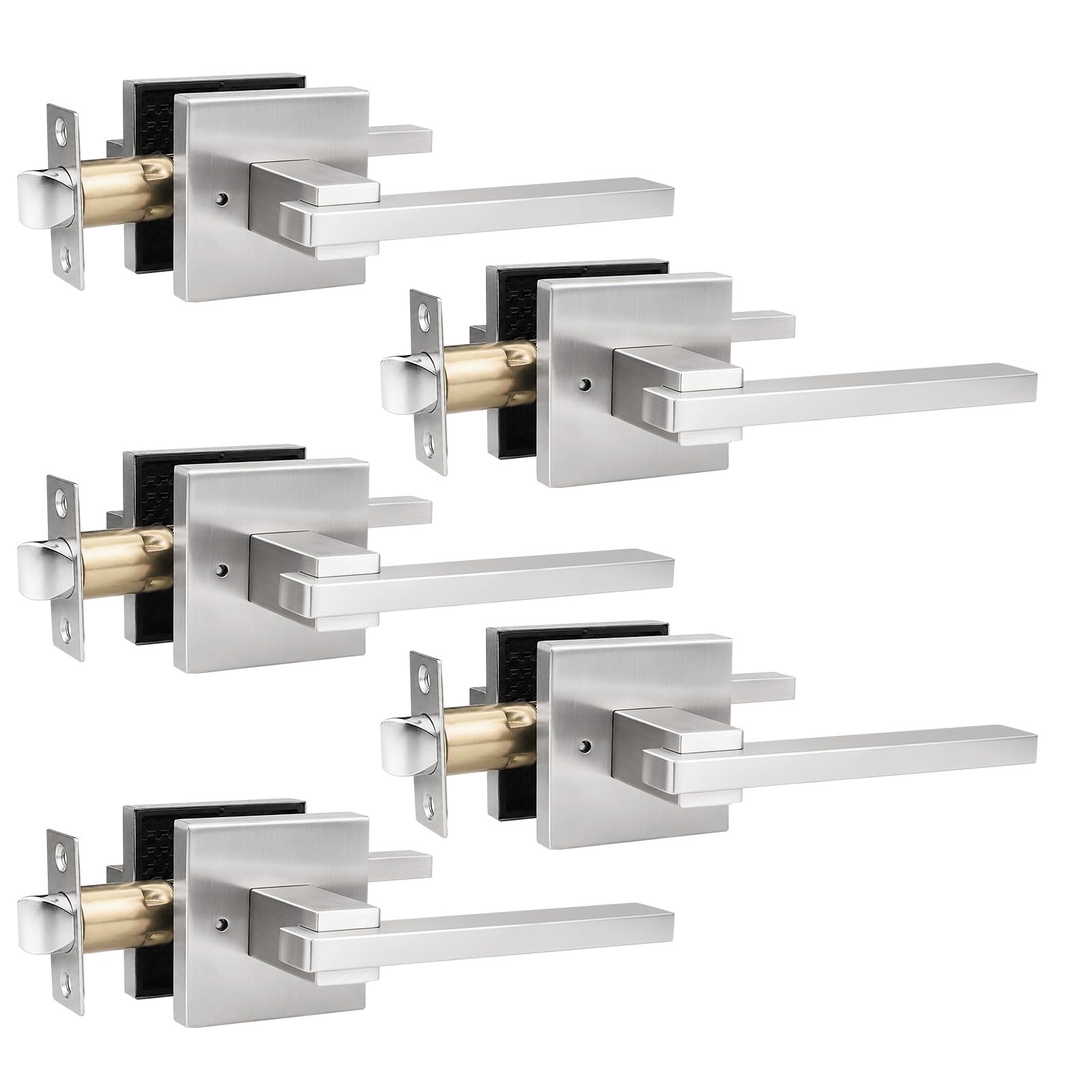 Orger 5 Pack Square Privacy Door Handle Satin Nickel Keyless Door Lever, Bed Bath Door Handle for Left/Right Handed Doors Interior Privacy Door Lever, Modern Door Lever Stainless Steel