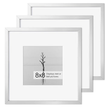 Fun Memories 8x8 Aluminum Picture Frame, Premium Square Photo Frames with Mat for 4x4 or Without Mat for 8 x 8, Simple and Elegant Decor for Wall Mounting, Silver, 3 Pack