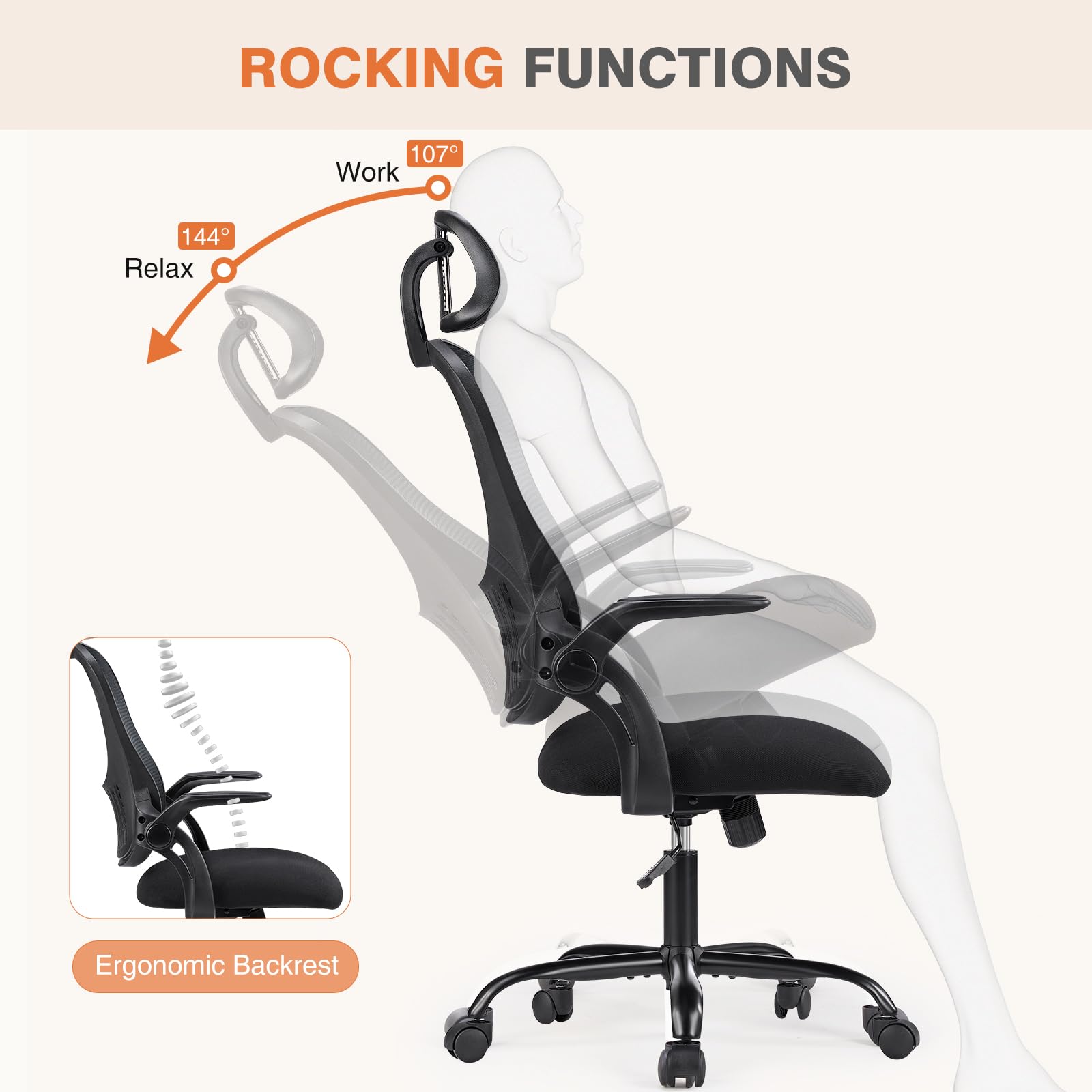 Sweetcrispy Home Office Managerial Executive Chair, High-back Mesh with Adjustable Headrest, Flip-up Armrest Comfortable Lumbar Support, Comfy