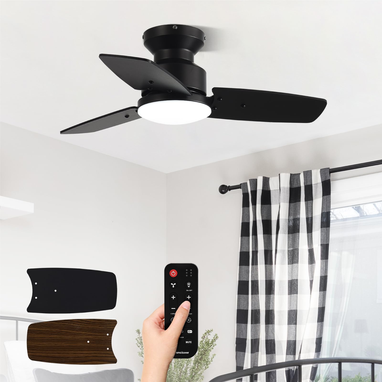 30 Inch Ceiling Fans with Lights and Remote, Bedroom Living Room Office, Flush Mount, 6CCT Dimmable, Dual Color 3 Blades 6 Speed Reversible Quiet DC Motor, Black/Wood Grain