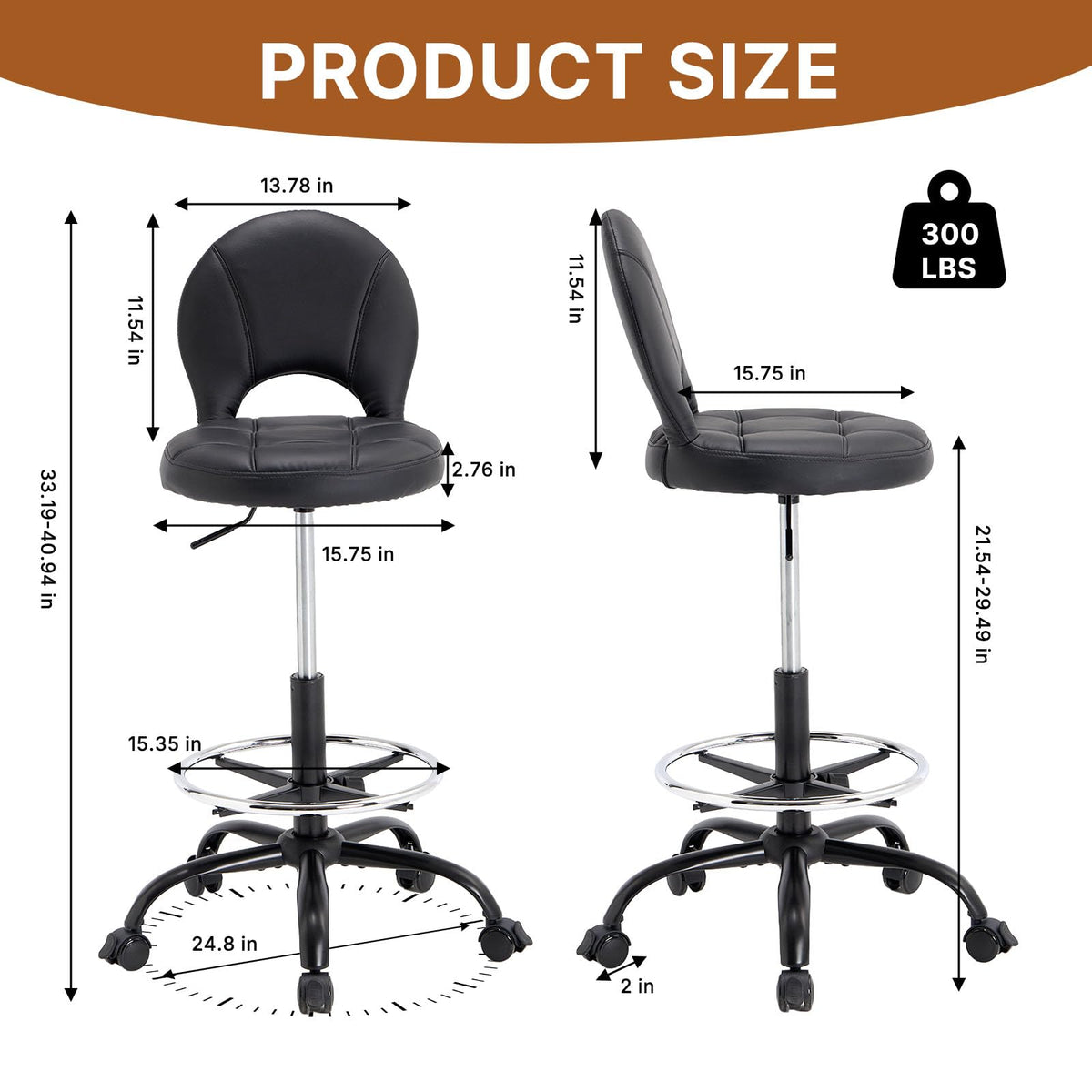 Manyday Drafting Chair with Folding Back | Comfy Office Chair with Wheels, 31.1-37.4 inches, Black