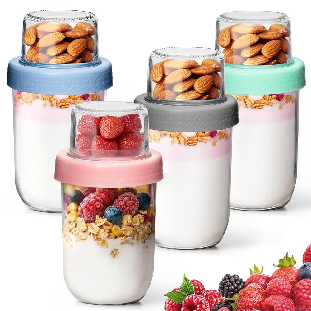 4 Pack Glass Yogurt Parfait Cups with Lids, 16+4oz Reusable Containers with Dry & Wet Separation, Leak-Proof for Overnight Oats, Meal Prep, Portable to Work & School, Easy Clean