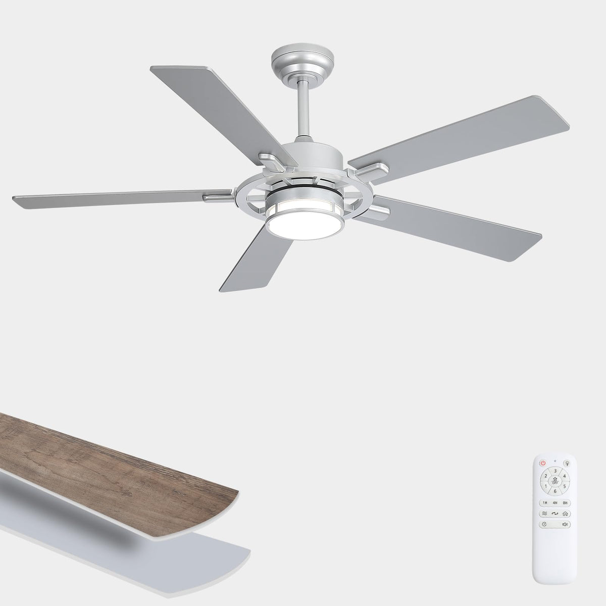 52 Inch Ceiling Fans with Lights, Silver Flush Mount Ceiling Fan with Light Remote Control, Farmhouse Low Profile Large with 6 Speed Reversible for Bedroom Living Room, 3CCT, Dimmable, Indoor