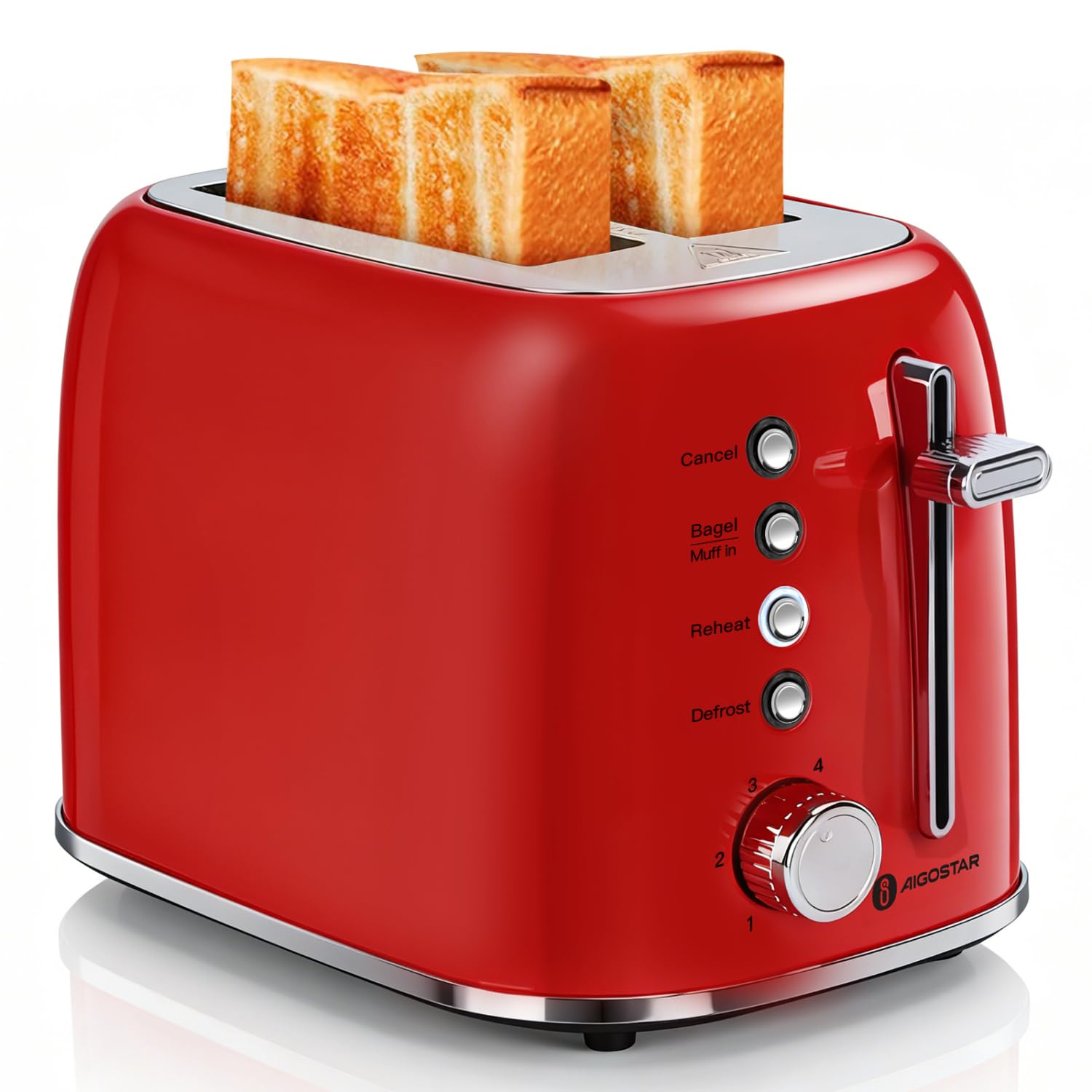 Aigostar Toaster 2 Slice, Retro Extra-Wide Slot Toasters Best Rated Prime for Toasting Bagels, Breads, Waffles & More, Cancel, Defrost & 6 Browning, Removable Crumb Tray, Stainless Steel, Red