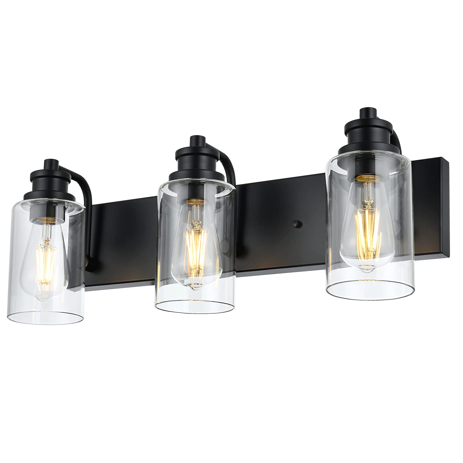 3 Head Vintage Bath Vanity Light Fixtures in Matte Black Finish,Classic Clear Glass Shade Bathroom Lighting Over Mirror Metal Wall Mount Lamp