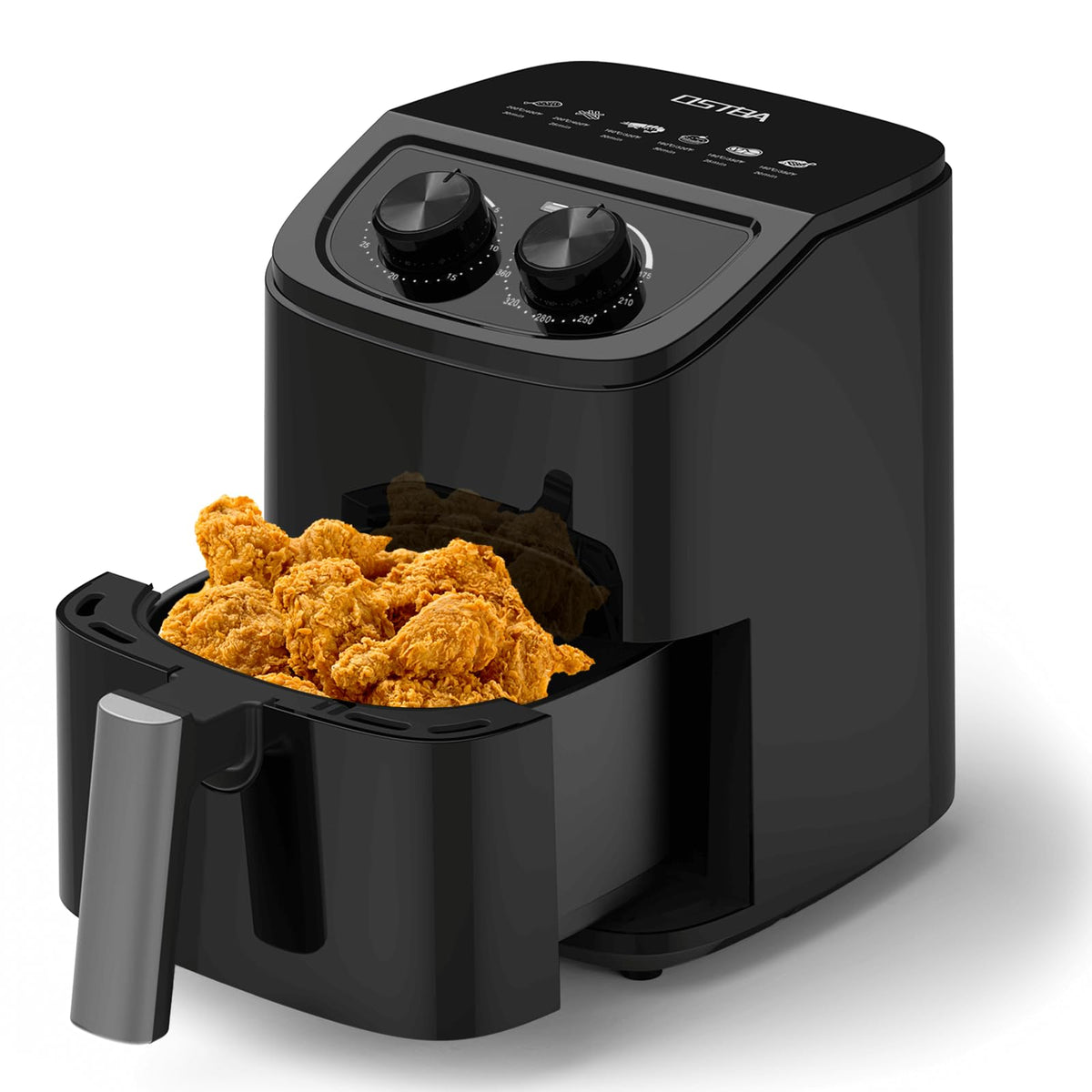 OSTBA 2.5QT Small Air Fryer for 1–2 People, Compact Mini Air Fryer with Dual Knob Temperature & Timer Controls, 6 Cooking Guides, Space-Saving Design, Nonstick Dishwasher-Safe Basket