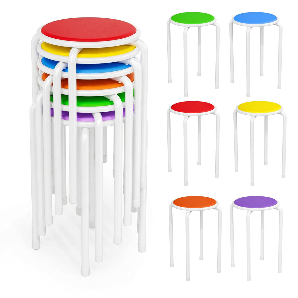 Vingli 18 Inch Padded Stacking Stools 6 Pack, White Metal Round Stool, 18 Inches, White Legs