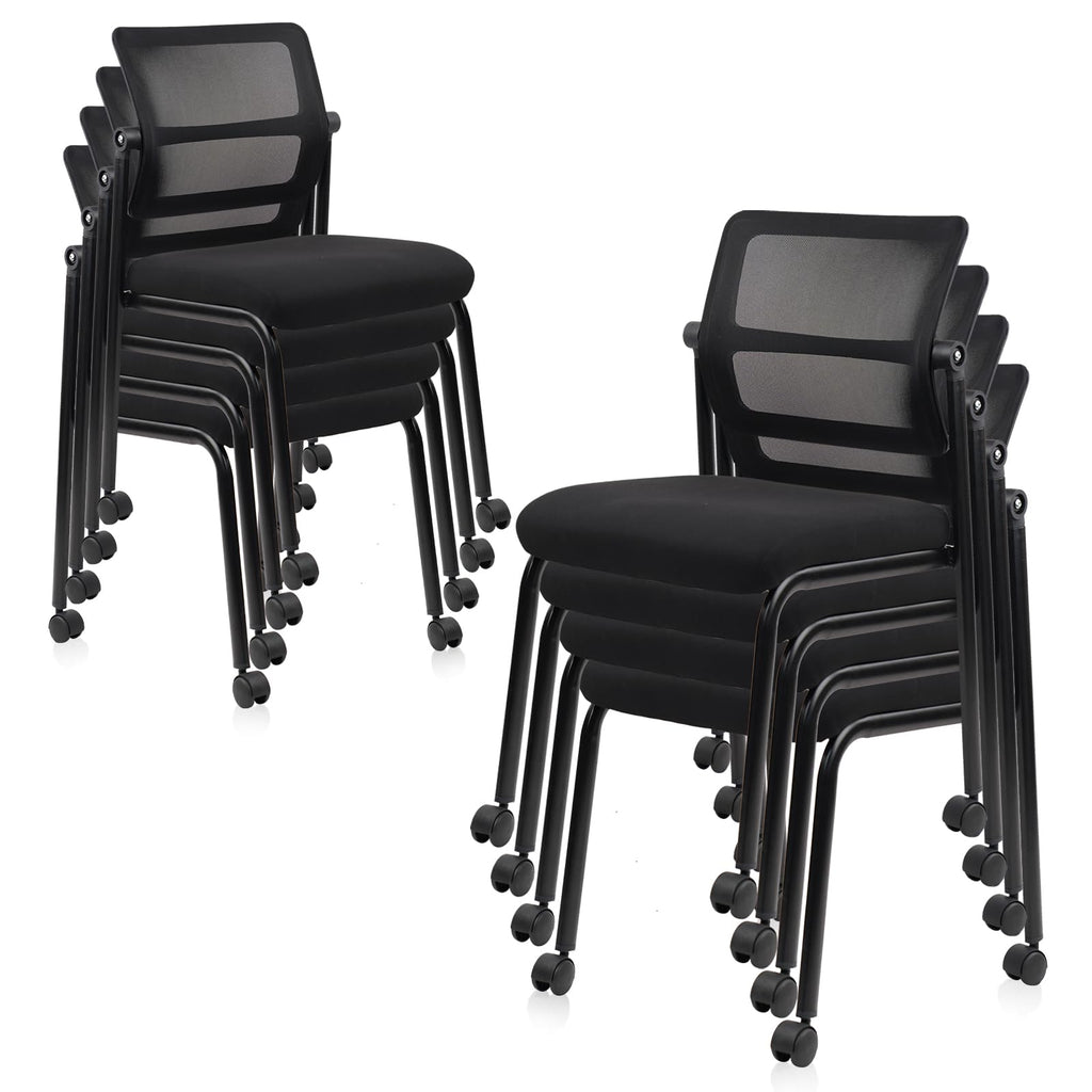 Clatina Stacking Chairs 8 Pk, Adjustable Backrest Stackable Mesh Office Waiting Room Armless Chair with Wheels for Guest Reception Conference