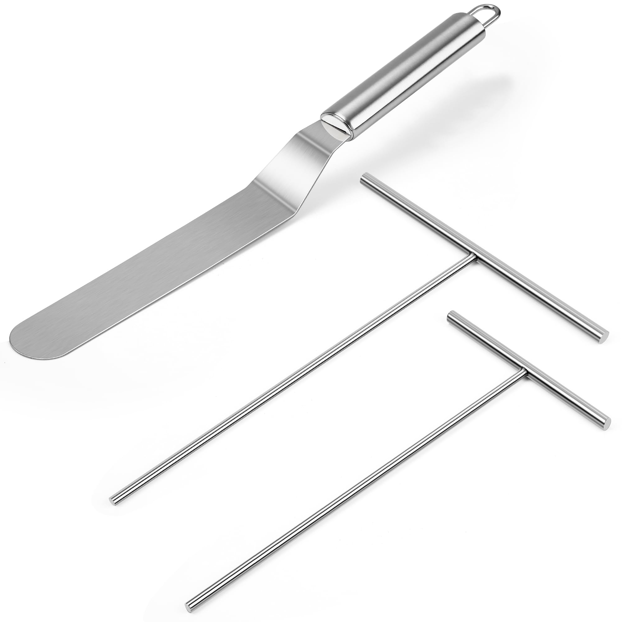 Crepe Spreader and Spatula Kit, Metal Handle Curved Offset Spacula 12", Stainless Steel 7" & 5" T-Shaped Batter Spreaders, Pancake Tool, Crepes Turner Sticks Fit Any Crepe Pan Maker, Pack of 3