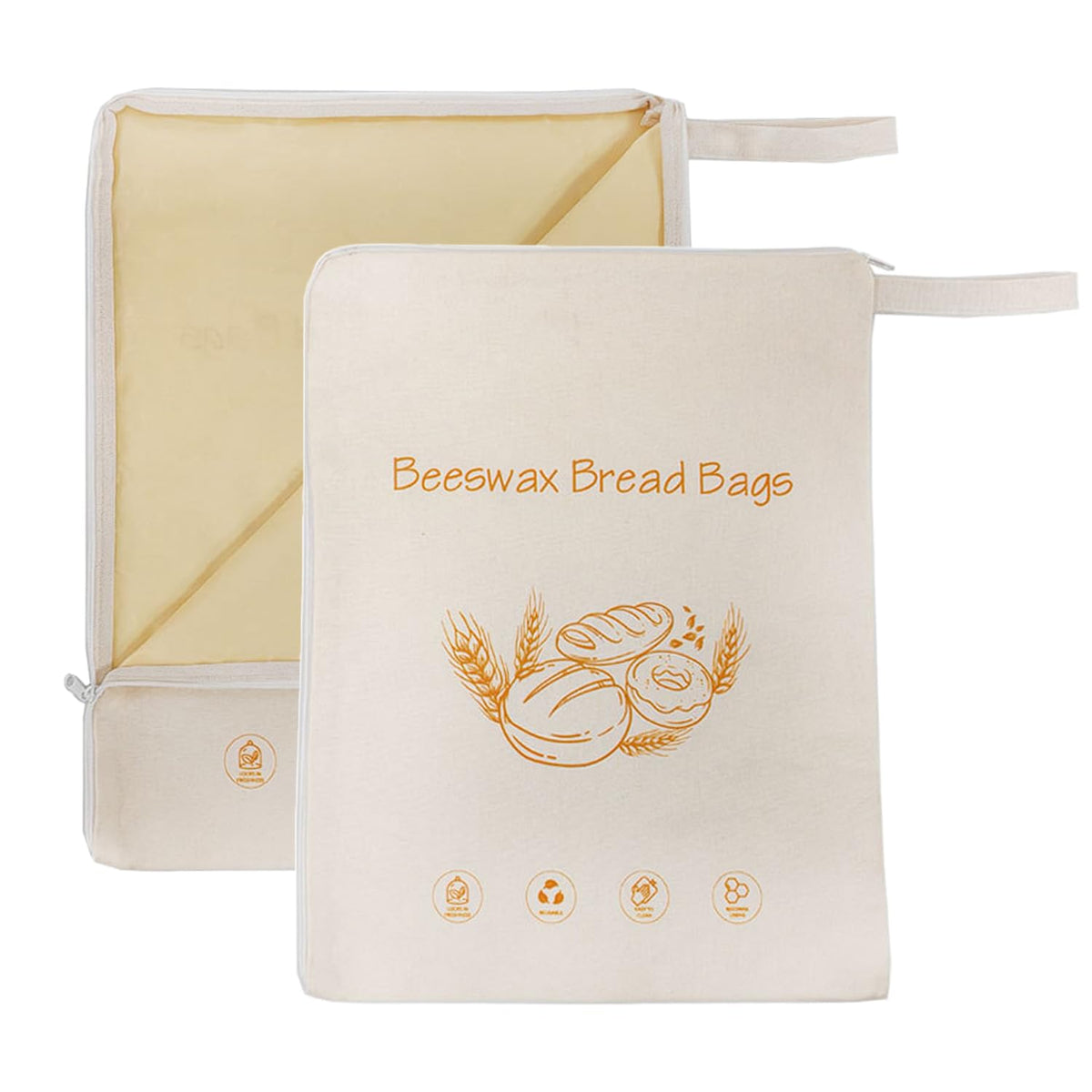 Lorine Beeswax Lining Bread Bags, Reusable Bread Bags for Homemade & Sourdough Bread, Large capacity 13 * 17'', Moisture Lock with Zip for Bread Freshness with Sealing (2 PCS)