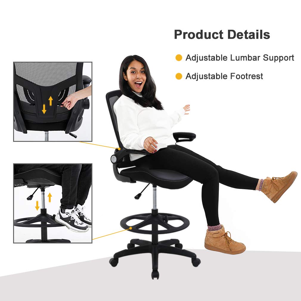 Bestoffice | Tall Drafting Chair | Black | Ergonomic Office Chair, 24L*25W*53H