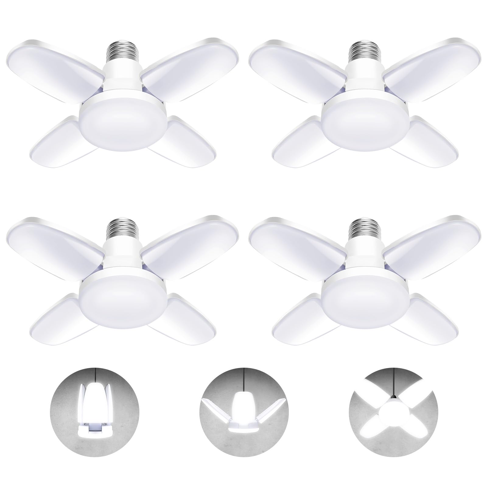 LED Garage Lights 4 Pack,LED Shop Light with 4 Panels Deformable E26/E27 Ceiling Light, 6500k 50W 5000LM Ceiling Led Daylight for Shop, Basement, Workshop, Attic(S-4 Panels-4 Pack)