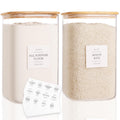 CZZGSM 2 Pack Square Glass Flour and Sugar Containers with 132 Kitchen Pantry Labels - Thicken 149 FL OZ Large Glass Storage Jars with Airtight Bamboo Lid - Big Food Canisters for Rice, Pasta, Cookie