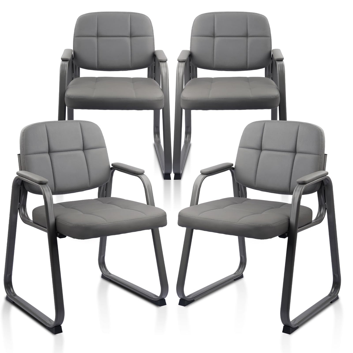 Clatina Waiting Room Guest Chair with Bonded Leather Padded Arm Rest for Office Reception and Conference Desk Black with Sled Base Grey 4 Pack