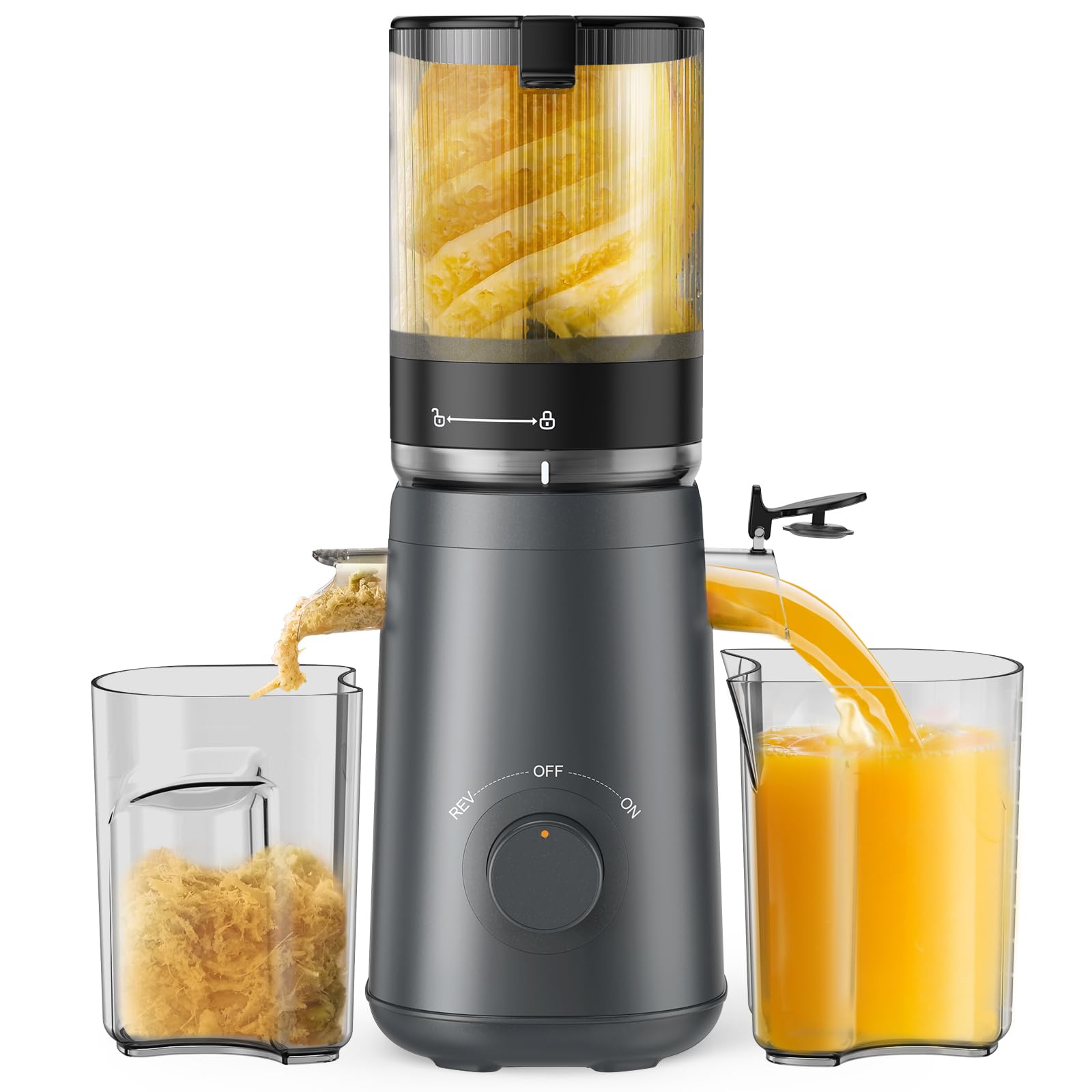 TUUMIIST Cold Press Juicer Machine, 5.3 Inch Extra Large Feed Chute for Whole Fruits, Easy to Clean Slow Juicer, High Yield, BPA Free - Grey